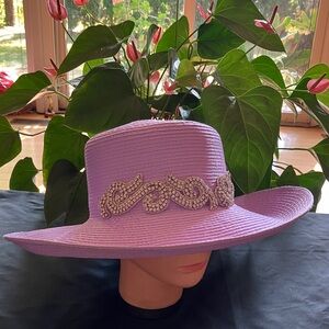Elegant Lavender Wide-Brim Hat with Rhinestone Beaded Floral Detailing